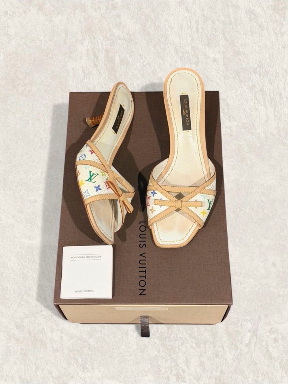 Auth Louis Vuitton Murakami Multicolor Monogram Bow Kitten Heel Mules Sandals